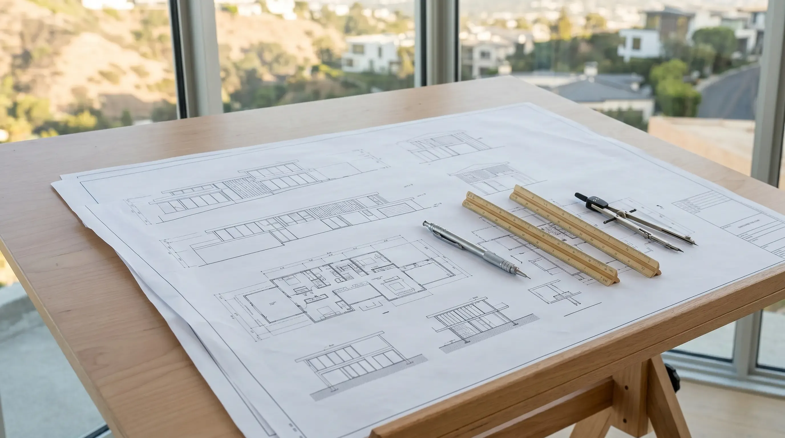 architectural design and engineering drawing on a workspace with drafting tools