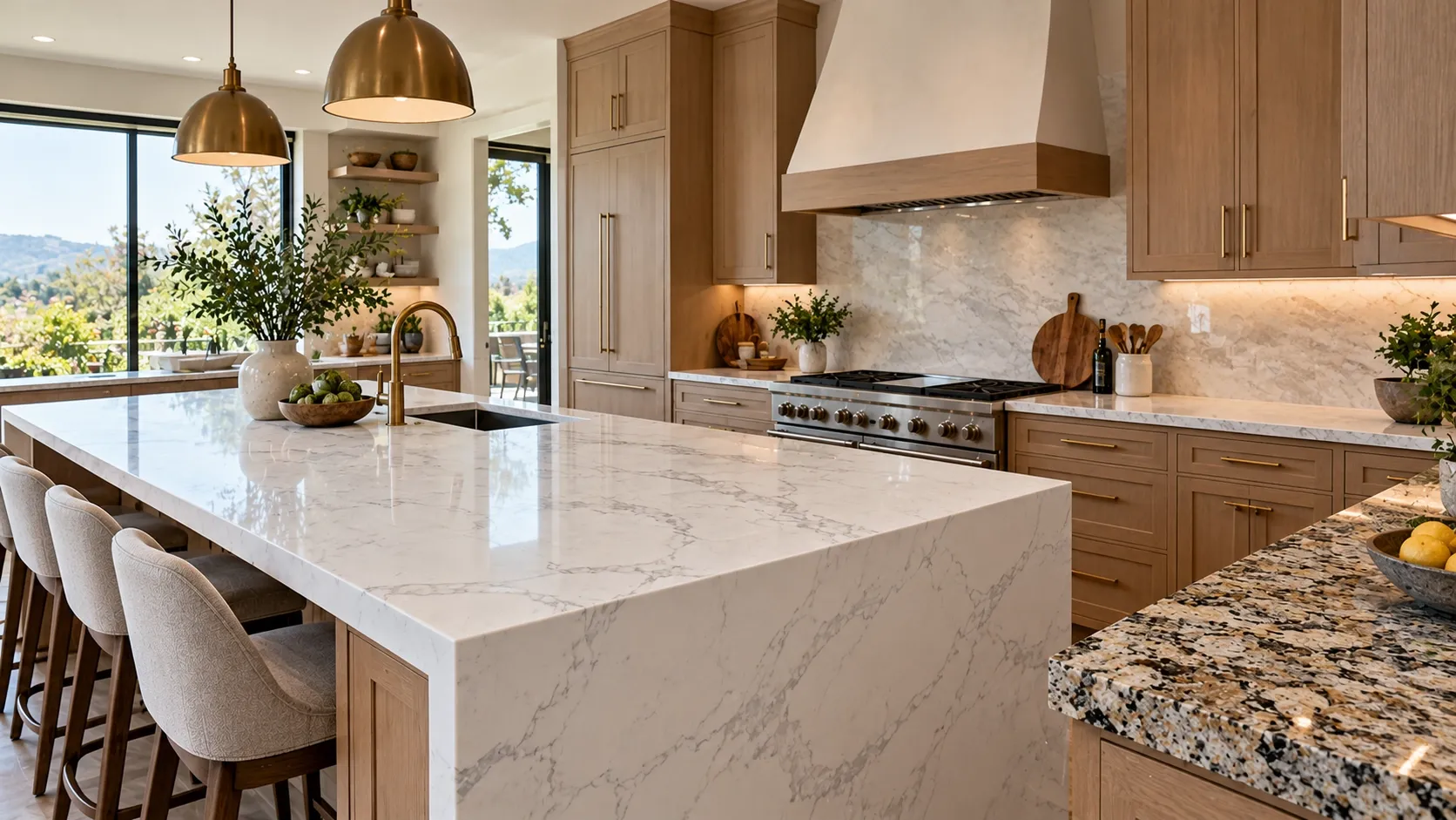 Contemporary kitchen with a white quartz island and natural granite countertop.