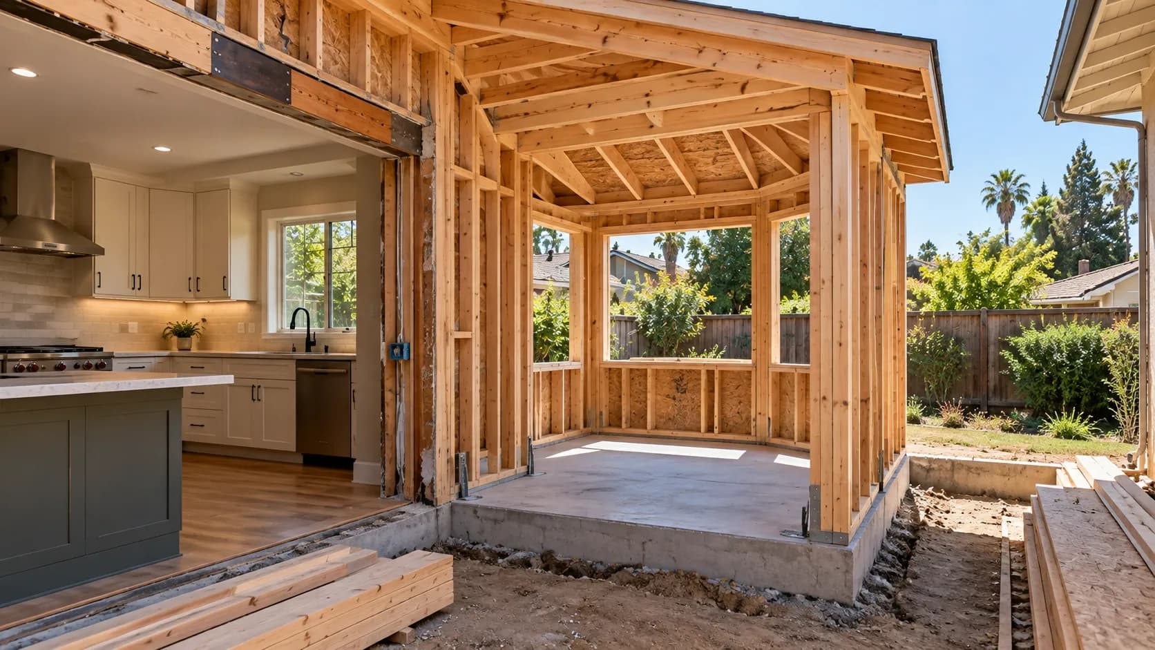 Small kitchen bump-out addition showing new wall framing and structural connections during construction.