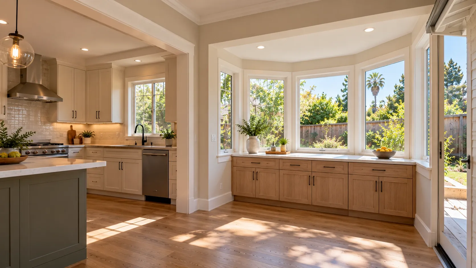 Completed kitchen bump-out with an integrated roofline, insulated exterior wall, window, and additional cabinets.