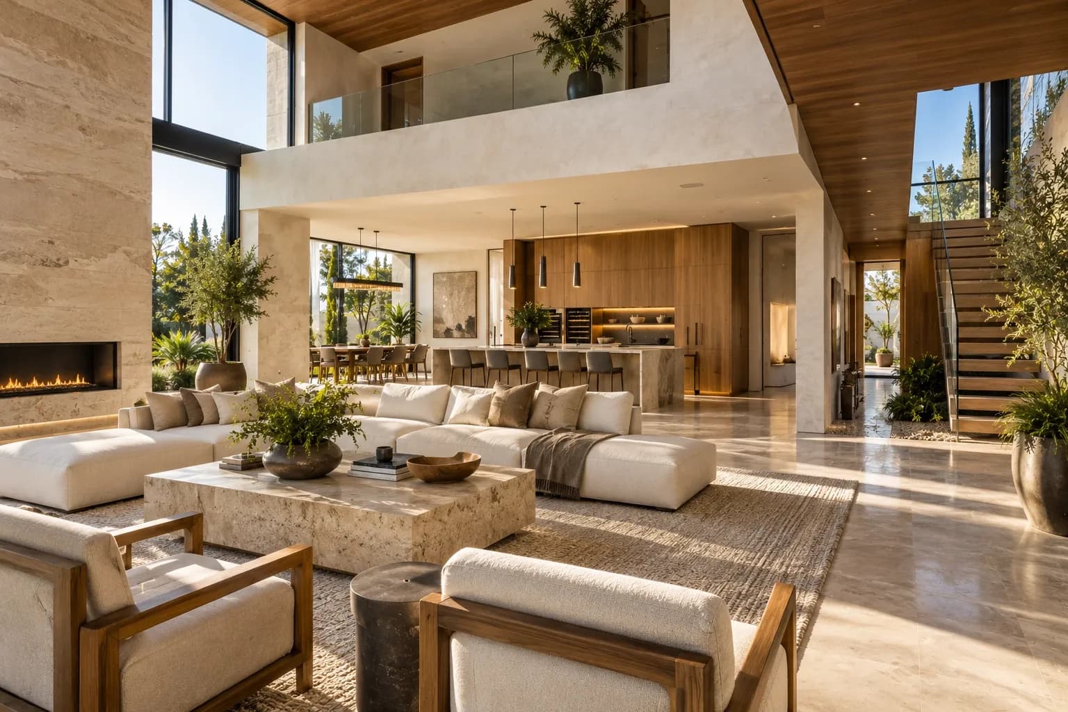 Modern custom home interior with natural stone, warm wood, and textured finishes
