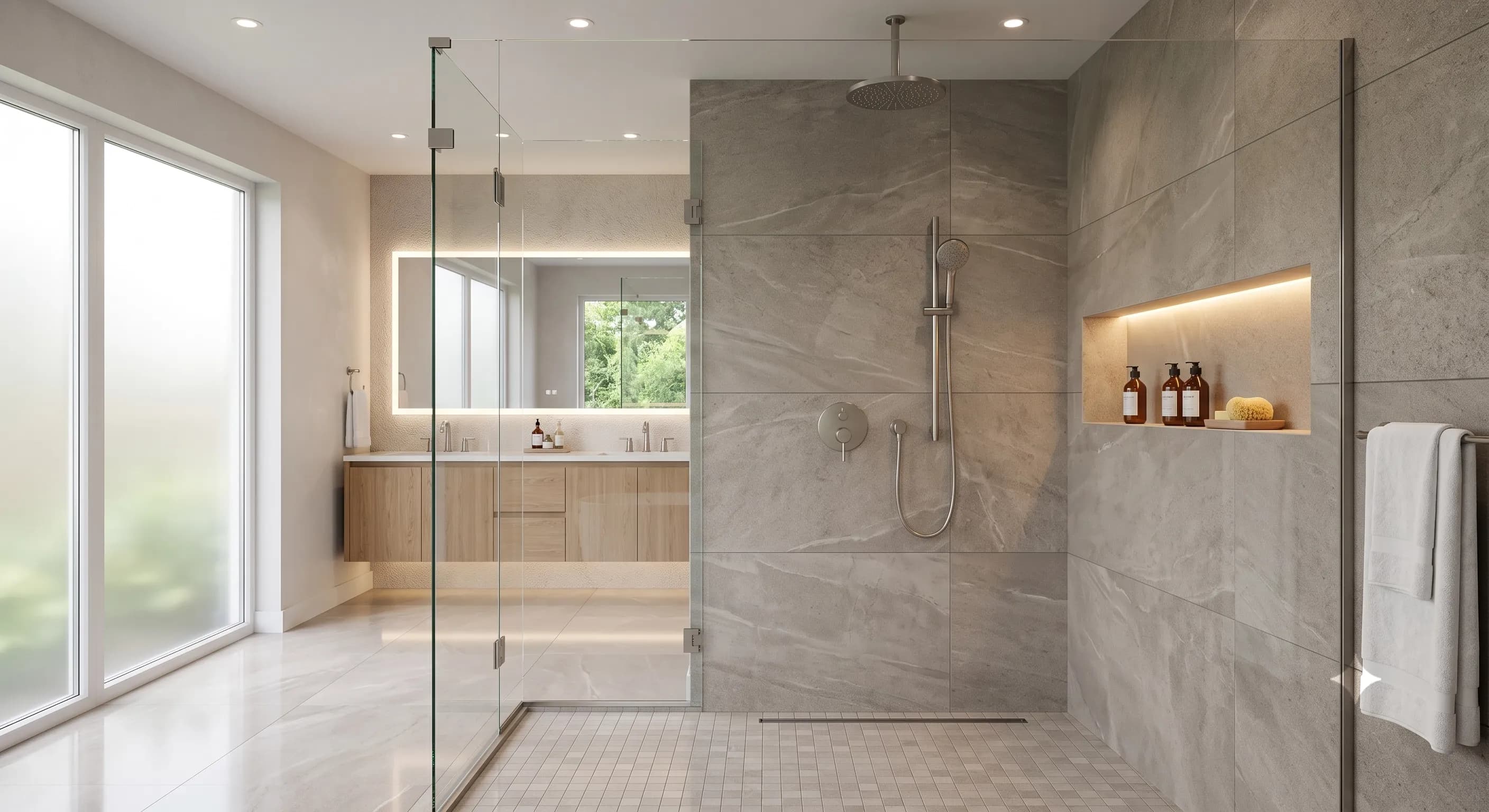 Modern walk-in shower with premium fixtures, storage, lighting, and ventilation