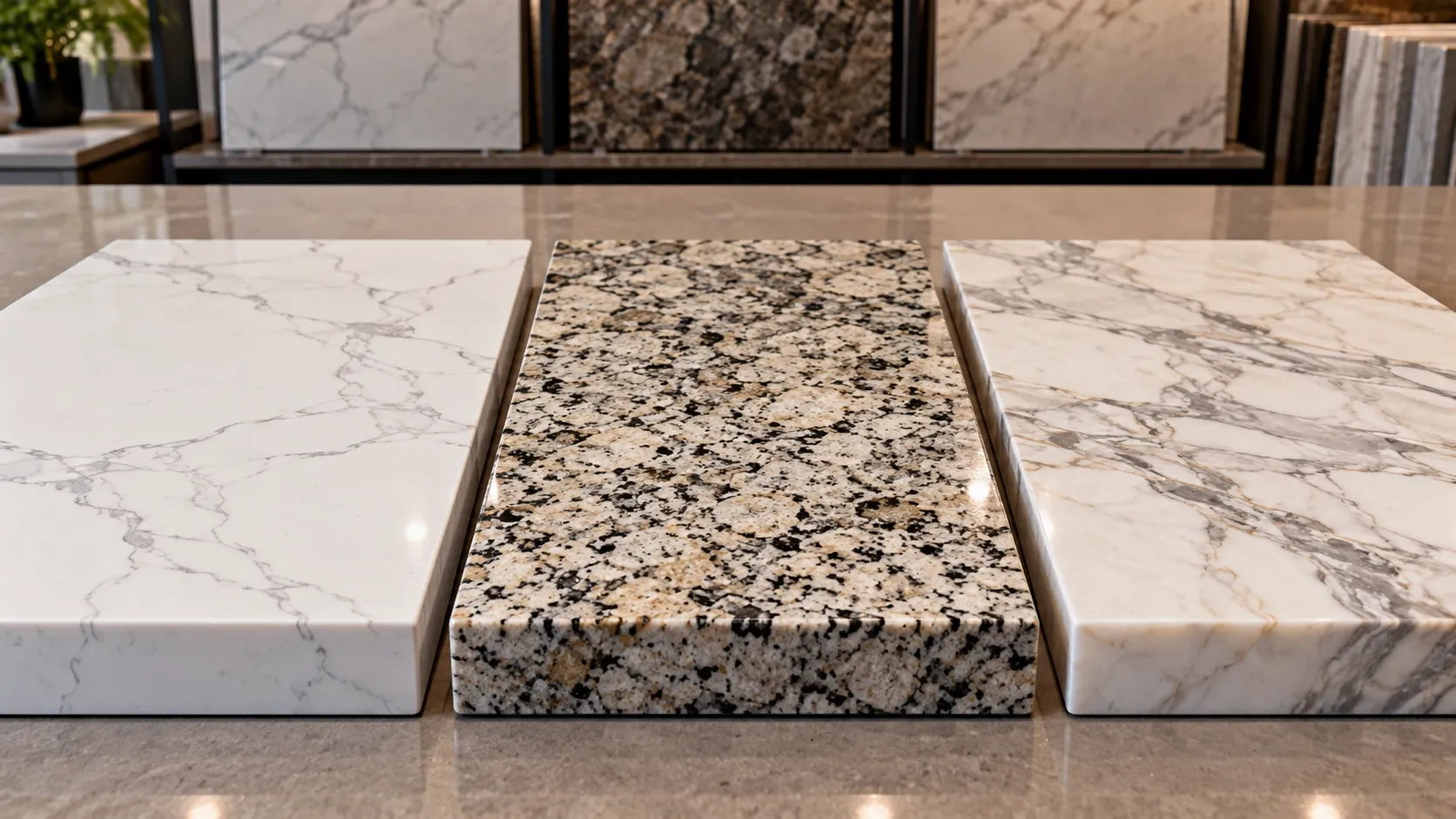 Quartz, granite, and marble countertop samples showing different colors and patterns.