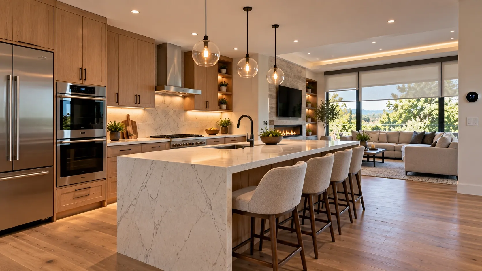 Remodeled kitchen featuring smart appliances, integrated lighting, and connected home controls.