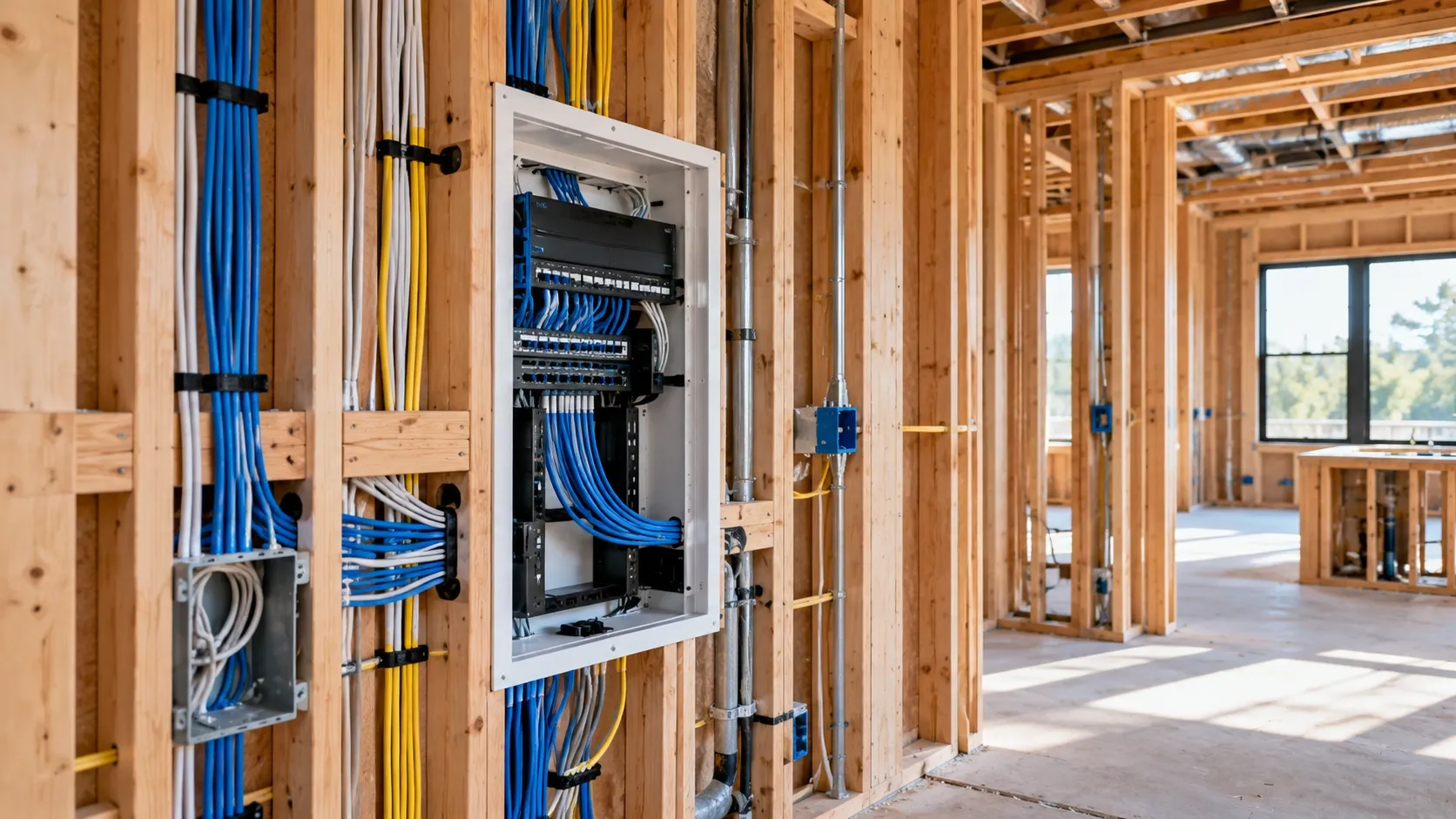 Organized smart home wiring, Ethernet cables, and a structured network panel inside an unfinished wall.