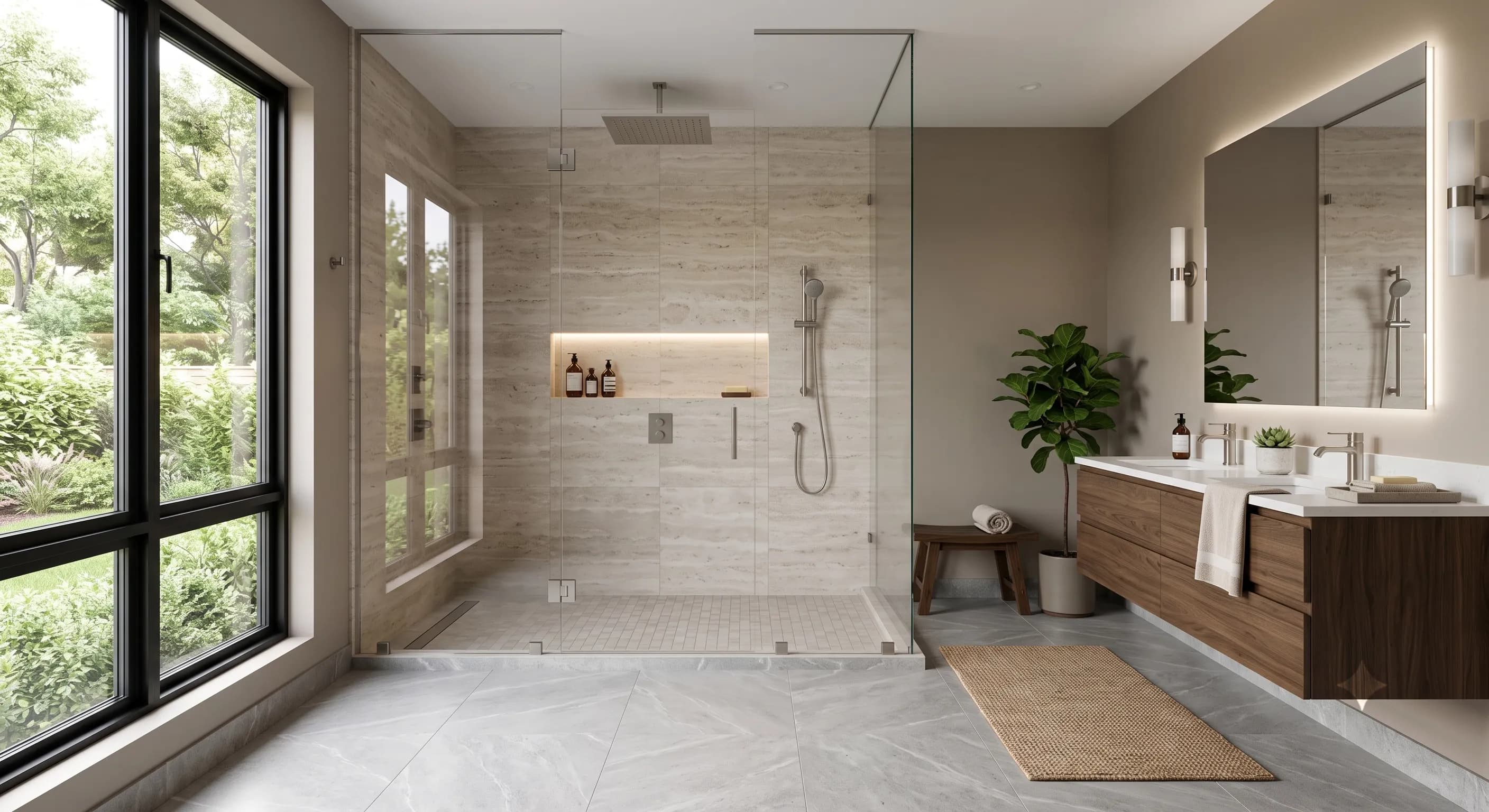 Spacious walk-in shower creating more usable space in a modern bathroom
